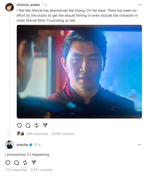Shang-Chi 2 vai acontecer, promete Simu Liu (Foto: Reprodução/Threads)