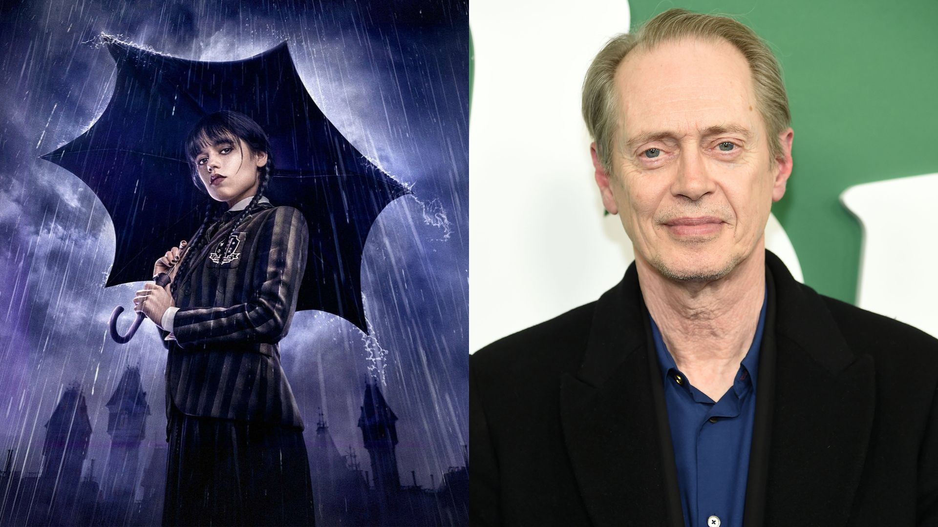 Jenna Ortega como Wandinha Addams em pôster (Foto: Divulgação/Netflix) e Steve Buscemi (Foto: Jamie McCarthy/Getty Images)