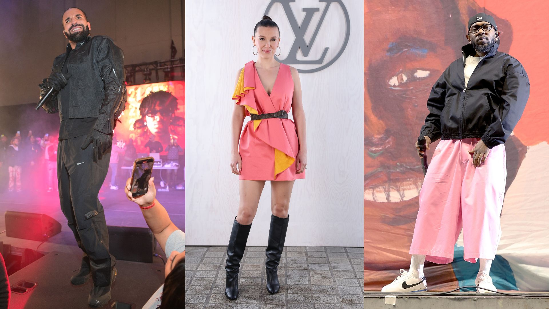 Drake, Millie Bobby Brown e Kendrick Lamar (Fotos: Getty Images)
