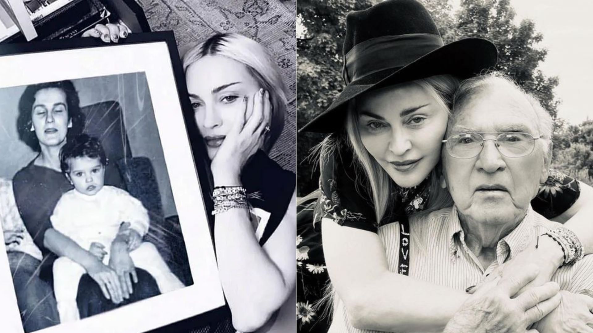 Madonna segurando foto com a mãe, Madonna Louise (Foto: Reprodução) | Madonna e o pai, Silvio Ciccone (Foto: Reprodução)