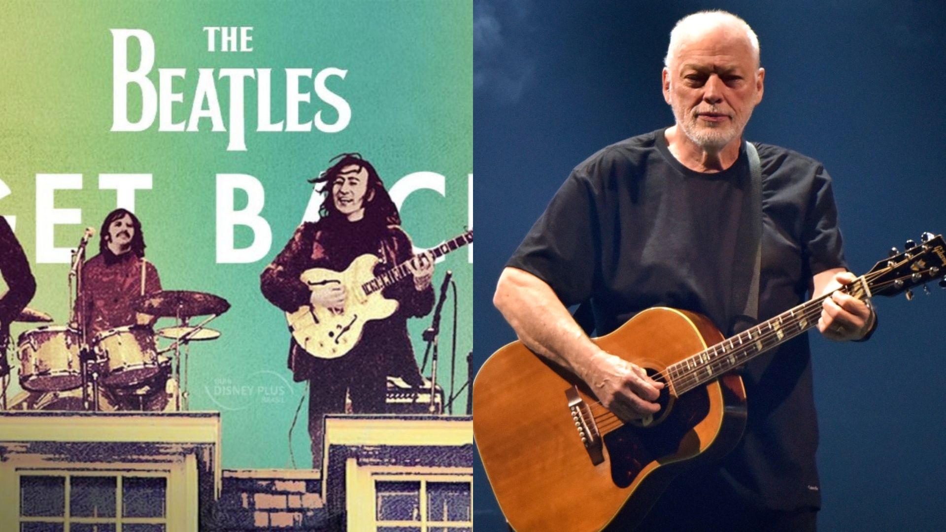 Pôster do documentário The Beatles: Get Back (Foto: Divulgação / Disney+) e David Gilmour em 2016 (Foto: Rob Grabowski / Invision / AP)