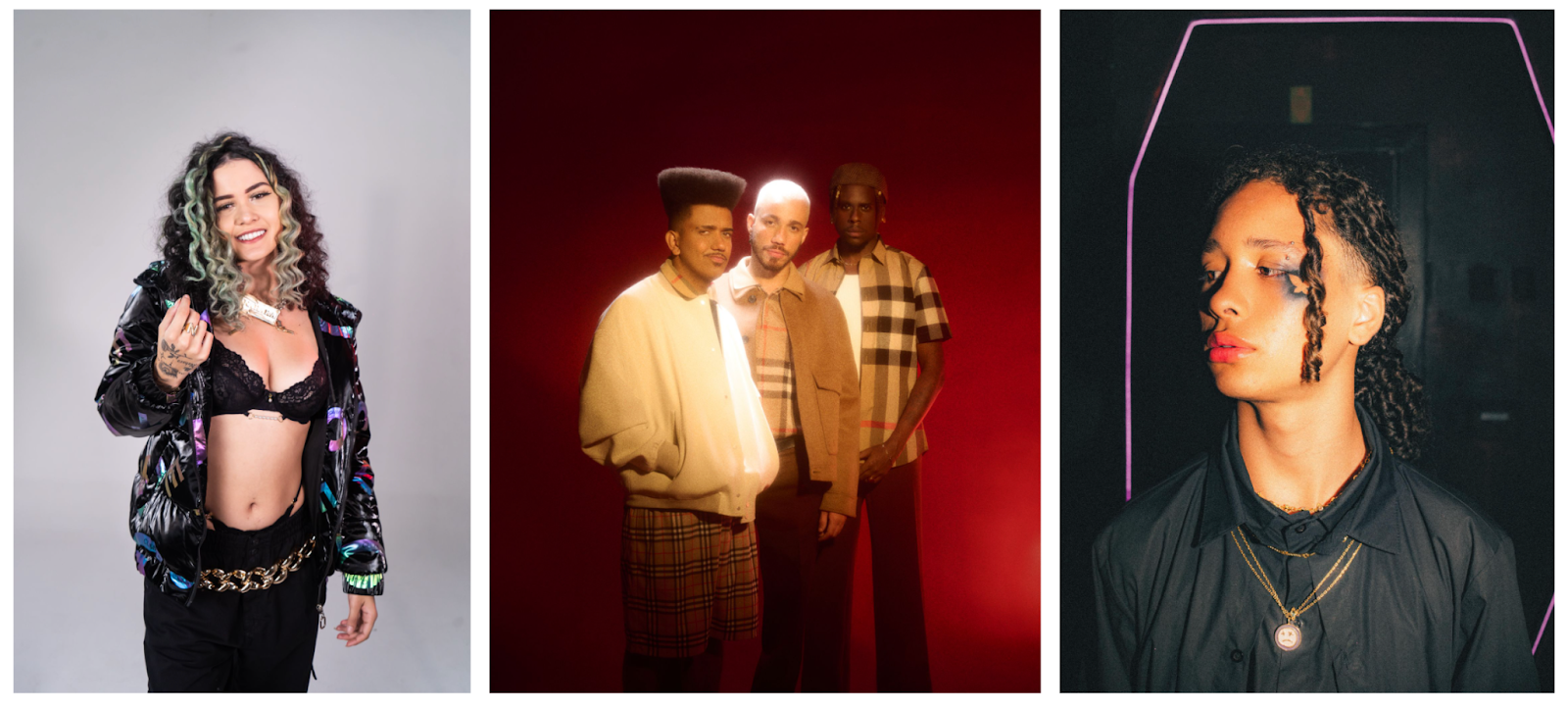 Da esquerda para direita: Os brasileiros MC NAHARA, Os Garotin e Xamuel. Crédito: Divulgação/Spotify