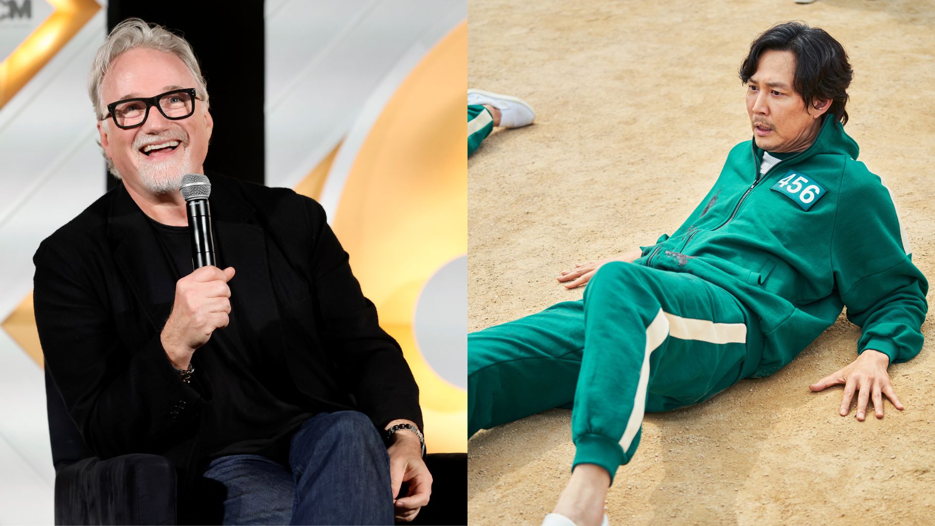 David Fincher (Foto: Emma McIntyre/Getty Images for TCM) e cena de Round 6 (Foto: Noh Juhan | Netflix)