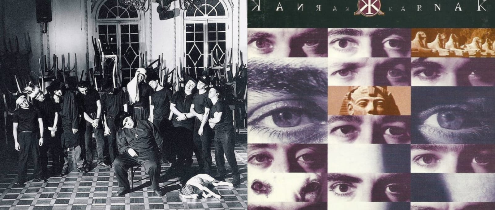 Karnak, a banda em sua primeira formação, e 'Karnak', o álbum de estreia, de 1995 (Divulgação)