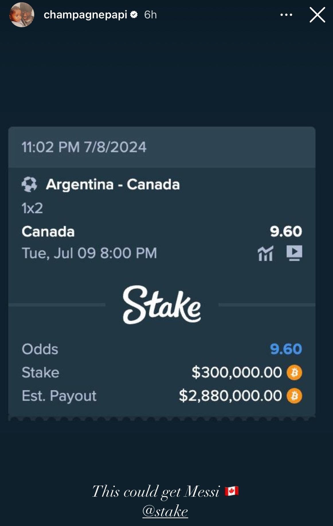 Aposta de Drake para a partida entre Canadá e Argentina