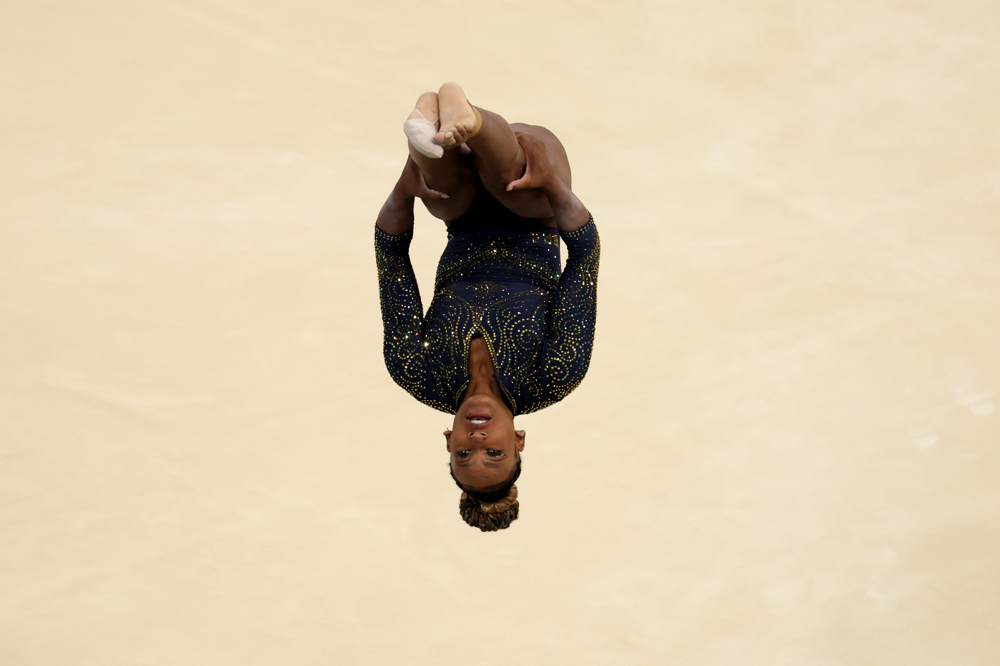 Rebeca Andrade of Team Brazil competes on the Floor exercise during the Artistic Gymnastics Women's Team Final on day four of the Olympic Games Paris 2024 at Bercy Arena on July 30, 2024 in Paris, France. (Photo by Patrick Smith/Getty Images)