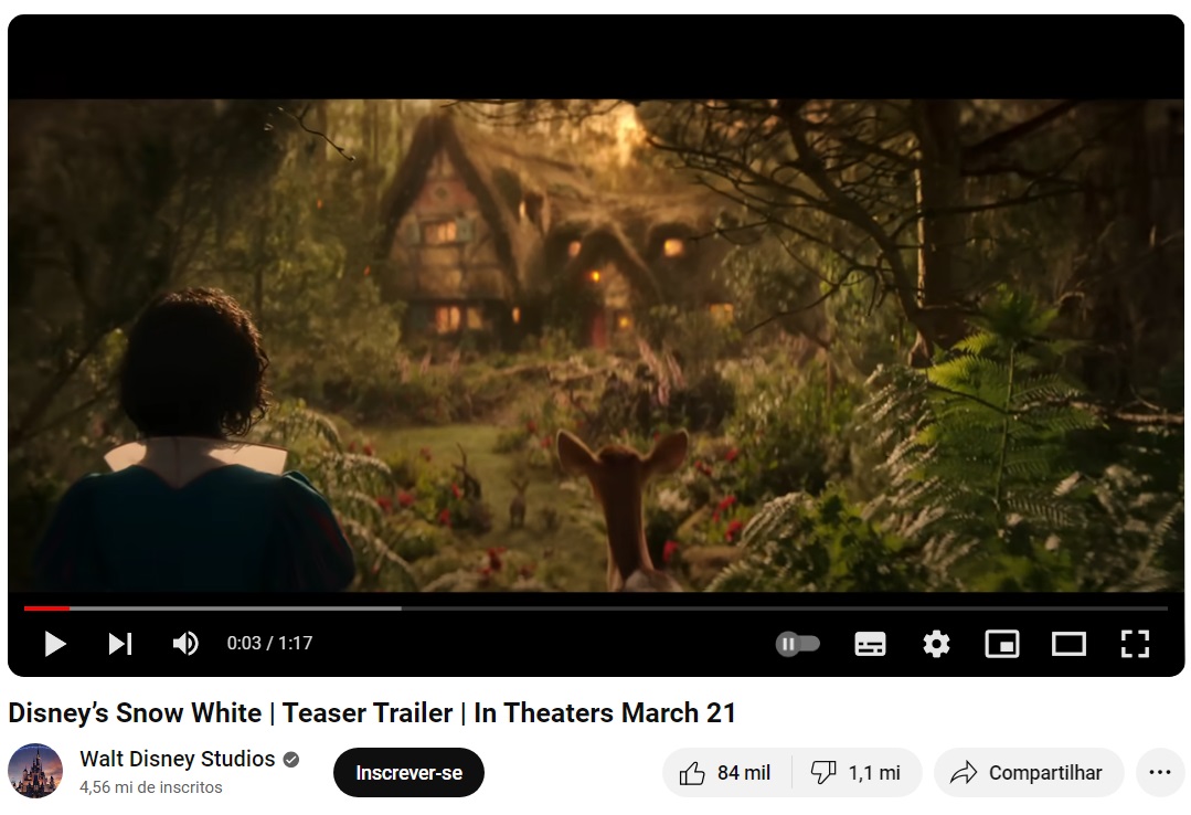 Trailer de Branca de Neve supera a marca de 1 milhão de dislikes no YouTube (Foto: Reprodução)