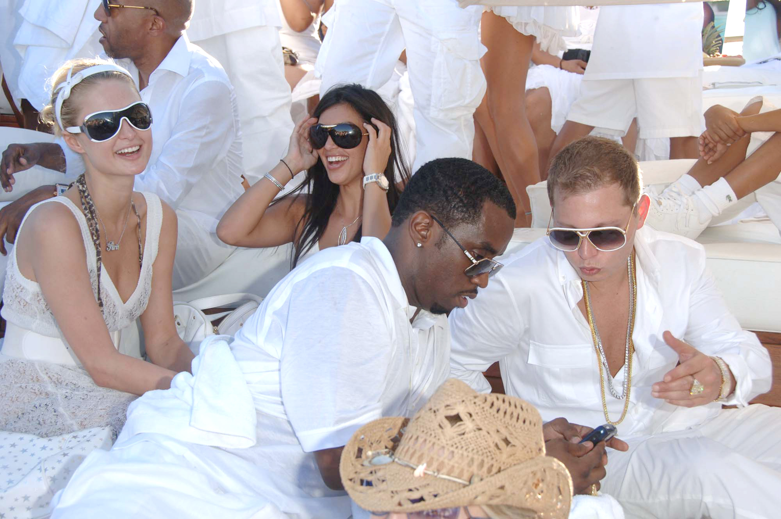 (EXCLUSIVE, Premium Rates Apply) Paris Hilton, Kim Kardashian, Sean "Diddy" Combs and Scott Storch (Photo by Jon Furniss/WireImage for MAC International)