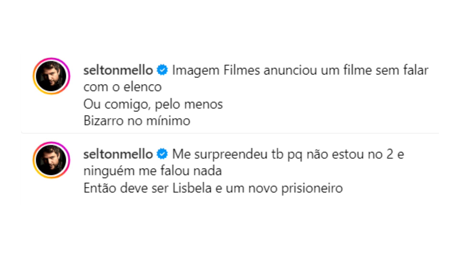 Postagem de Selton Mello reagindo ao anúncio de Lisbela e o Prisioneiro 2