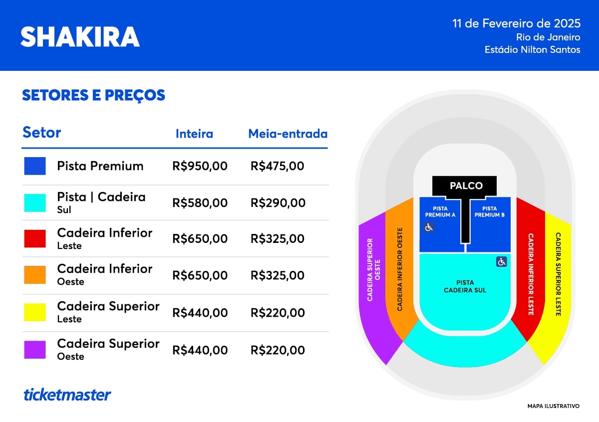 Setores e preços do show de Shakira no Nilton Santos