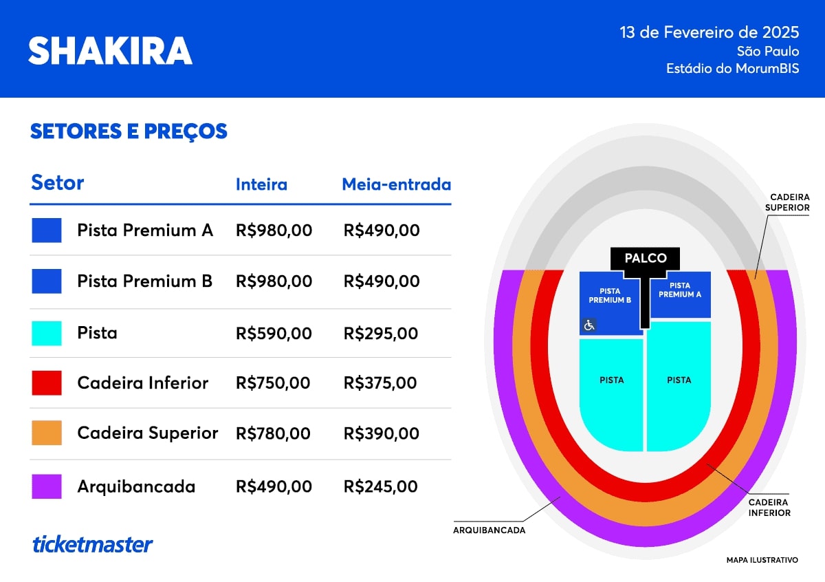 Setores e preços do show de Shakira no MorumBIS