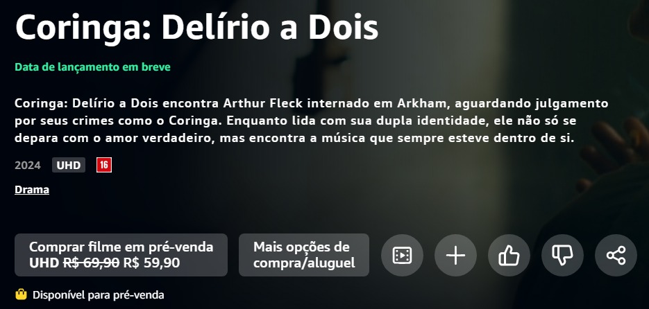 Uma semana após estreia, Coringa: Delírio a Dois entra em pré-venda nas plataformas digitais (Foto: Reprodução/Prime Video)