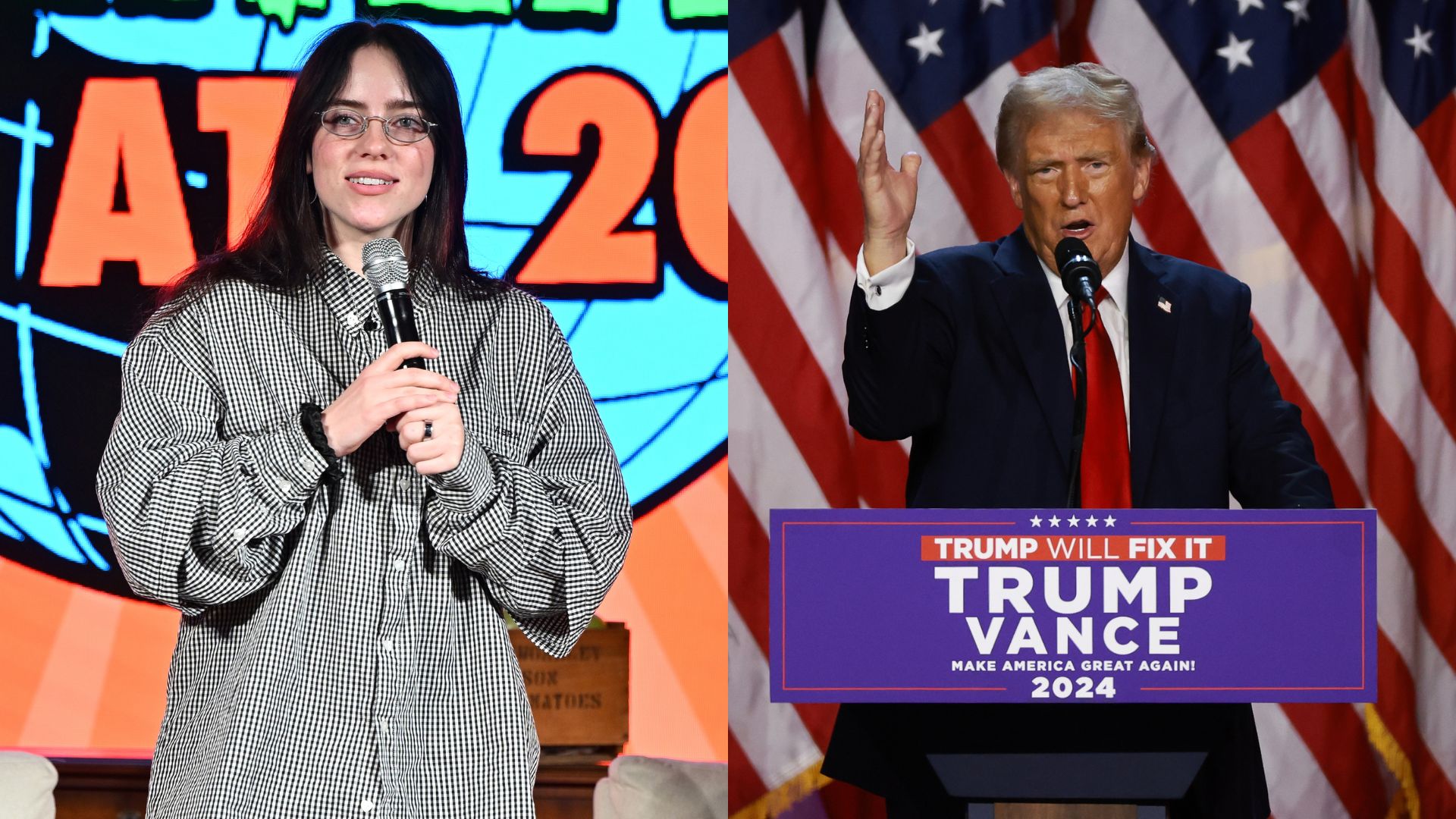 Billie Eilish (Foto: Paras Griffin/Getty Images) e Donald Trump (Foto: Joe Raedle/Getty Images)