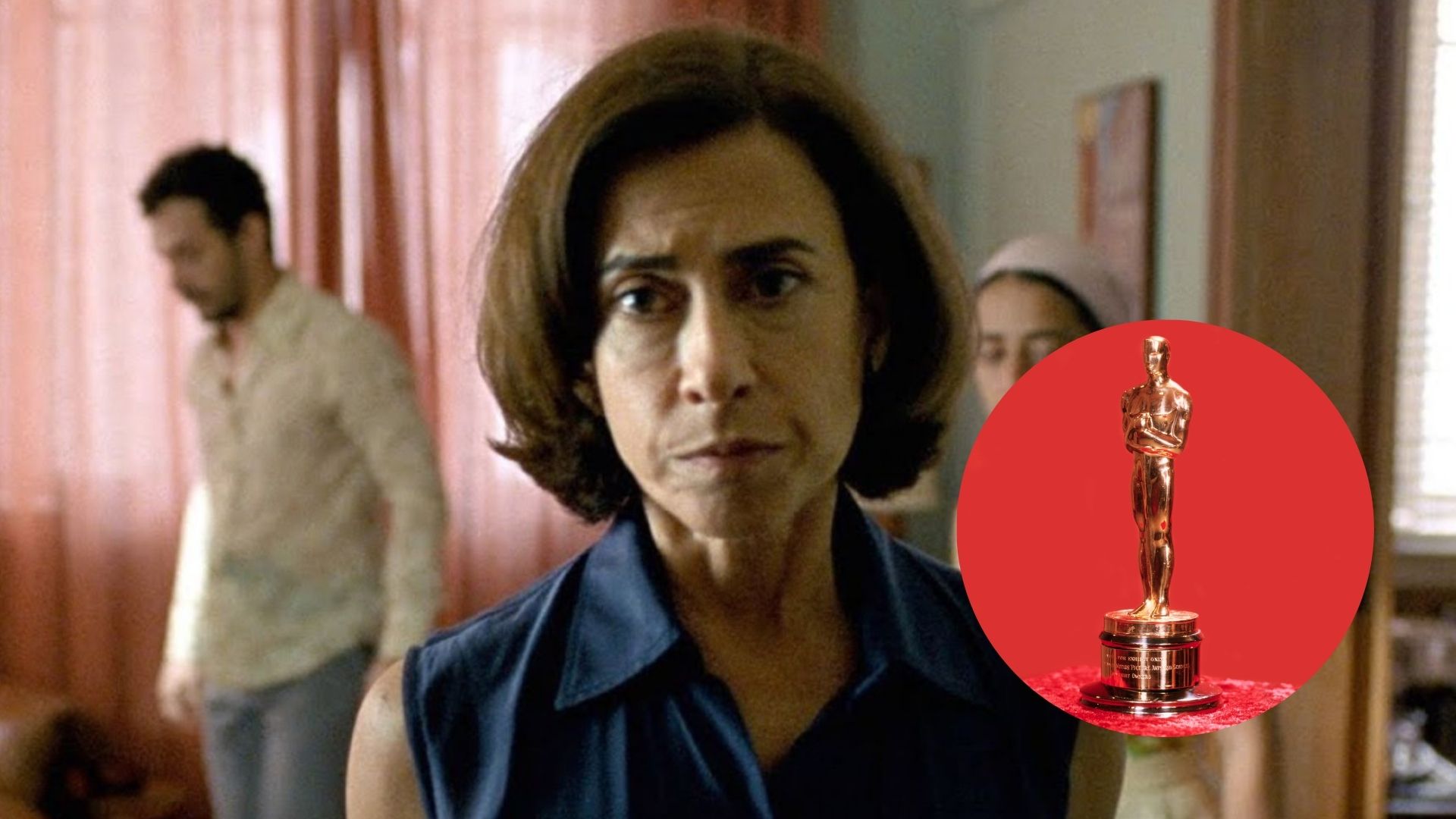 Fernanda Torres como Eunice Paiva em Ainda Estou Aqui (Foto: Divulgação/Sony Pictures Brasil) e estatueta do Oscar (Foto: Getty Images)