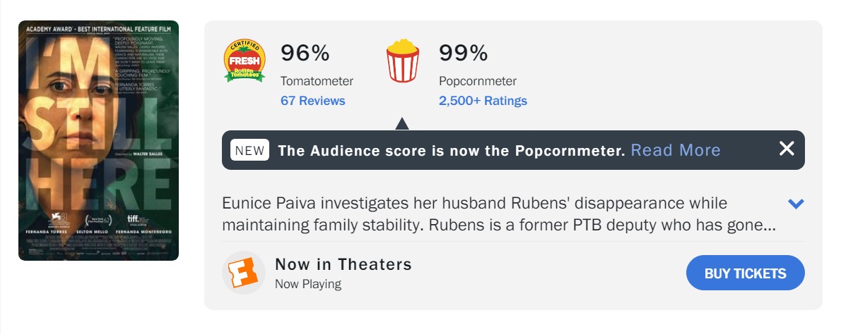 Ainda Estou Aqui atinge 99% de aprovação no agregador de críticas Rotten Tomatoes (Foto: Reprodução)