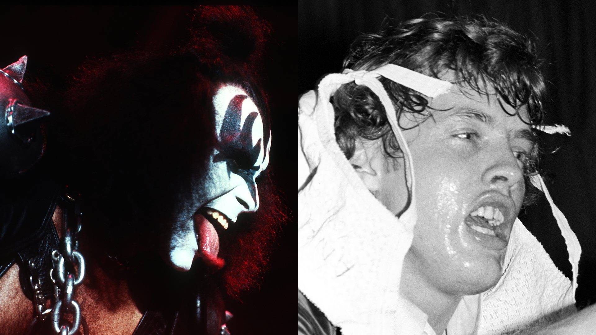 Gene Simmons e Angus Young nos anos 1970 (Fotos: Armando Gallo e Ebet Roberts / Getty Images)