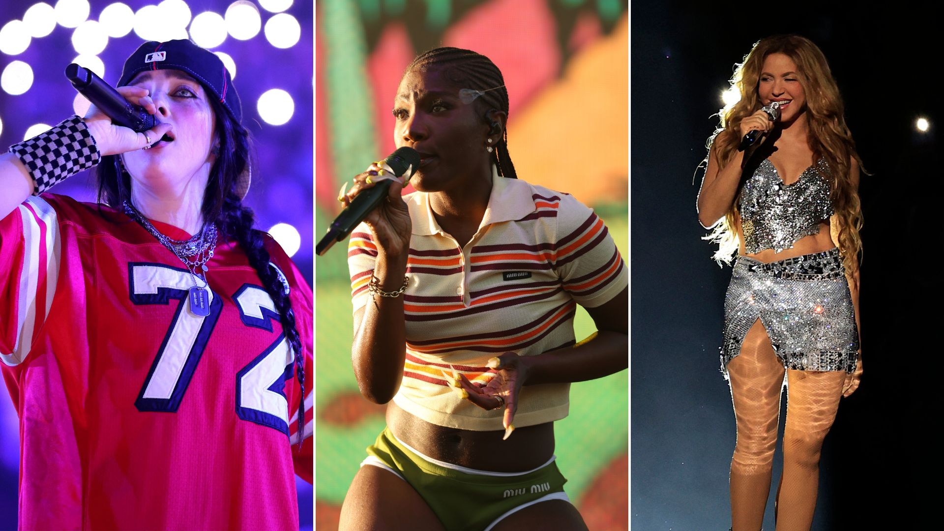 Billie Eilish (Foto: Kevin Mazur/Getty Images for Live Nation Entertainment), Doechii (Foto: Michael Blackshire / Los Angeles Times via Getty Images) e Shakira (Foto: Buda Mendes/Getty Images)