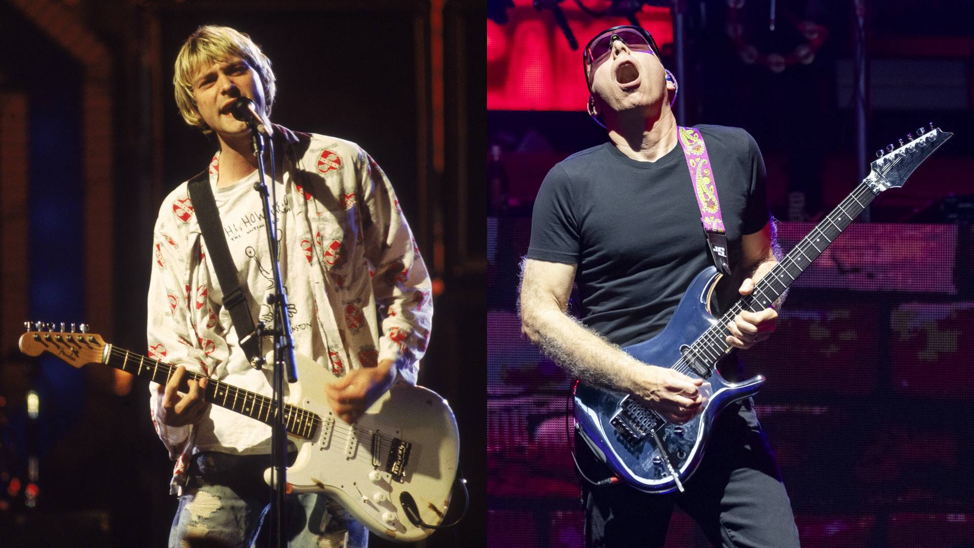 Kurt Cobain e Joe Satriani (Fotos: Frank Micelotta e Scott Legato / Getty Images)