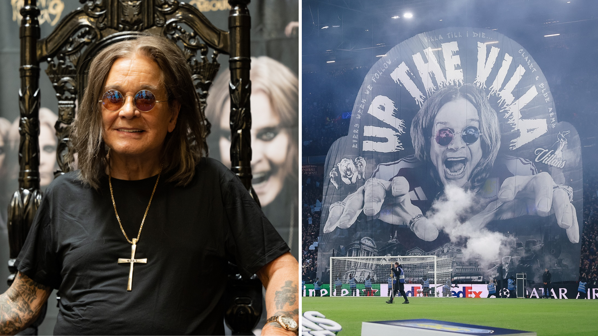 Ozzy Osbourne e mosaico da torcida do Aston Villa (Foto: Scott Dudelson/Getty Images e Reprodução)