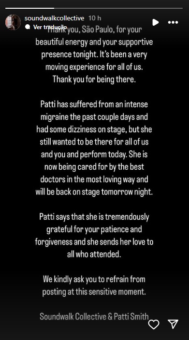 Stories do Soundwalk Collective sobre desmaio de Patti Smith