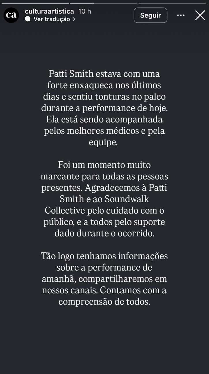Stories do Teatro Cultura Artística sobre desmaio de Patti Smith