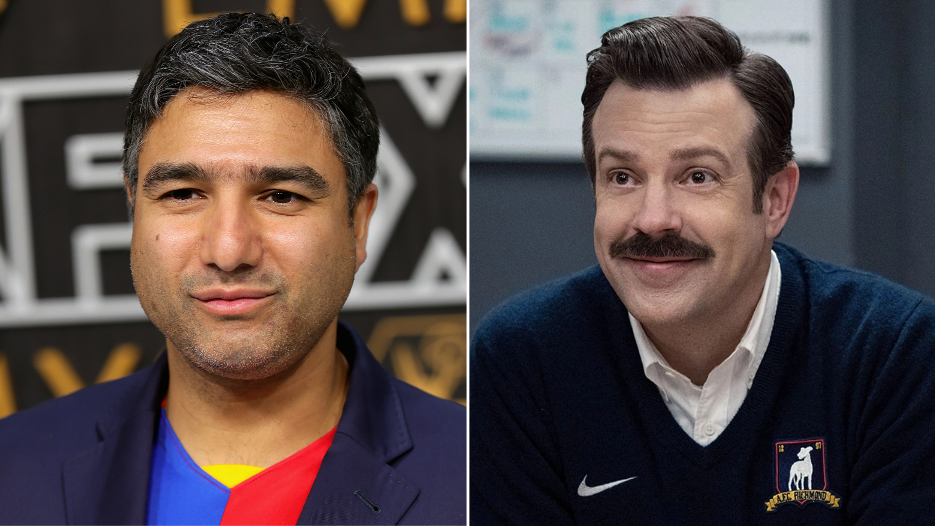 Nick Mohammed e Jason Sudeikis, de 'Ted Lasso' (Foto: Neilson Barnard/Getty Images e Divulgação)
