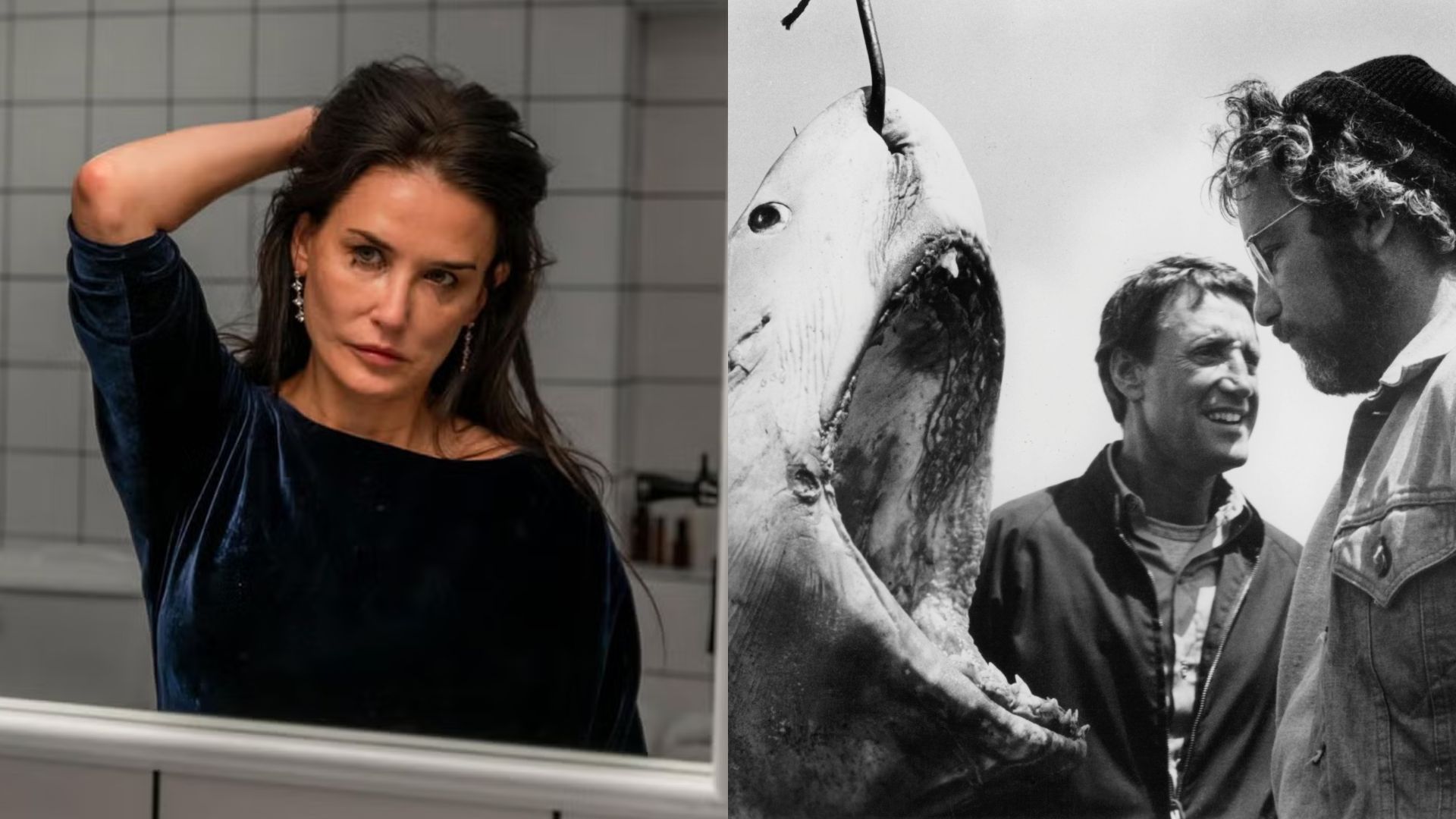 Demi Moore em A Substância (Foto: Divulgação) e bastidores de Tubarão (Foto: Universal Pictures/Getty Images)