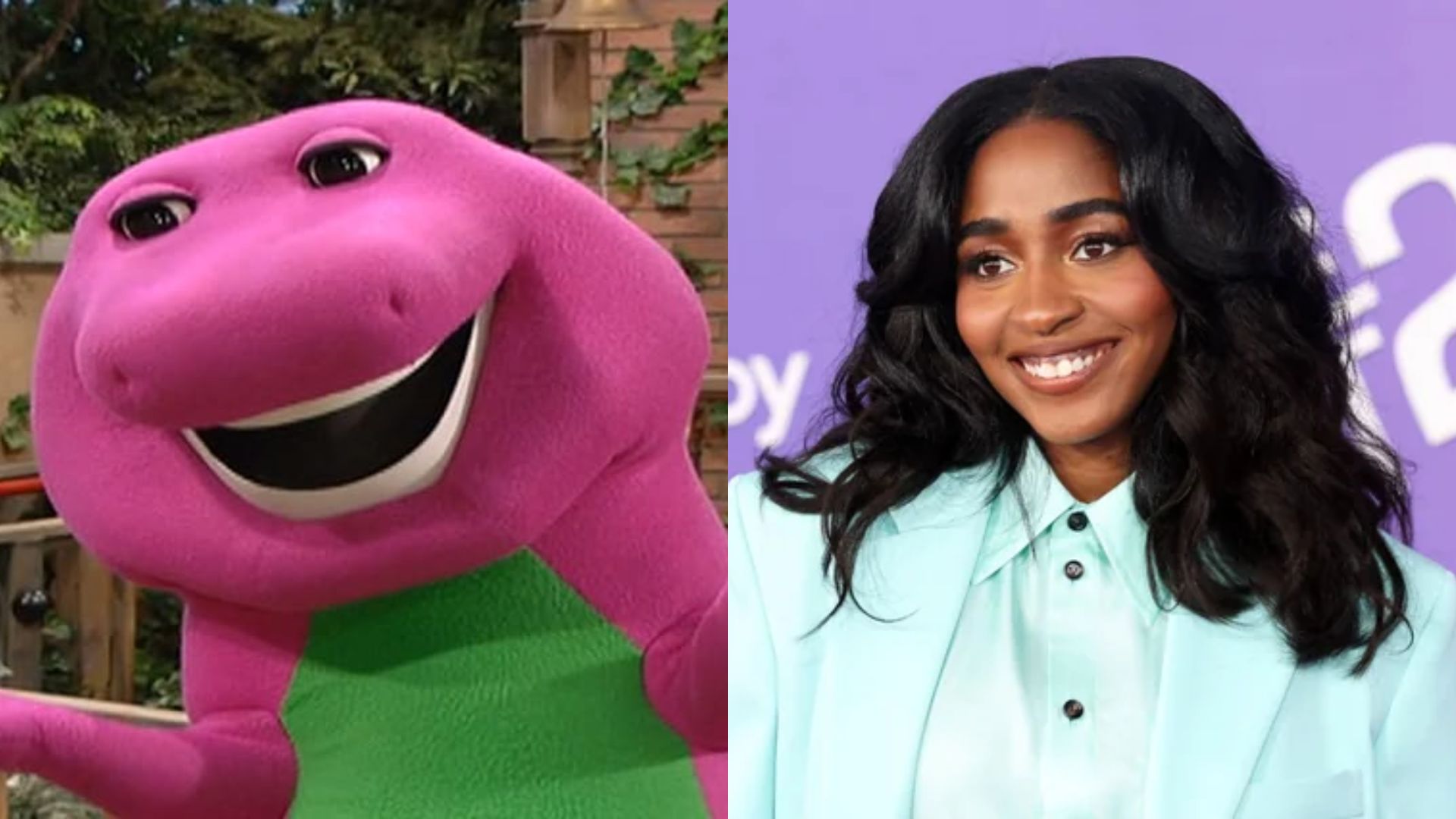 À esquerda, Barney, personagem da série infantil Barney e Seus Amigos. À direita, Ayo Edebiri | Reprodução