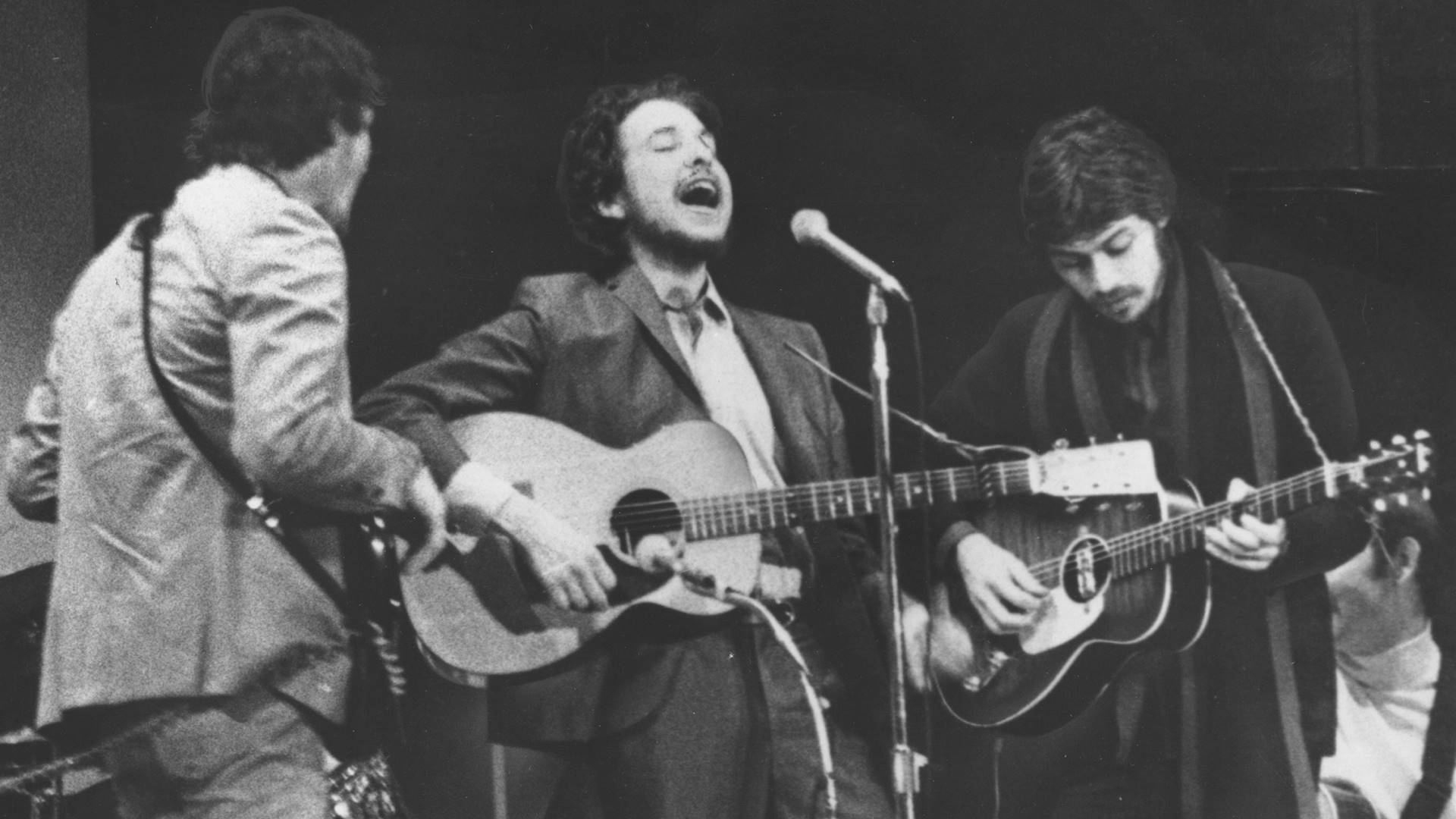 Bob Dylan e The Band durante evento em homenagem a Woody Guthrie, em 1968