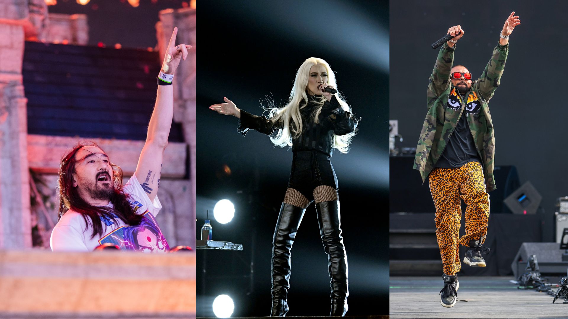 Steve Aoki, Christina Aguilera e Sean Paul (Fotos: Getty Images)