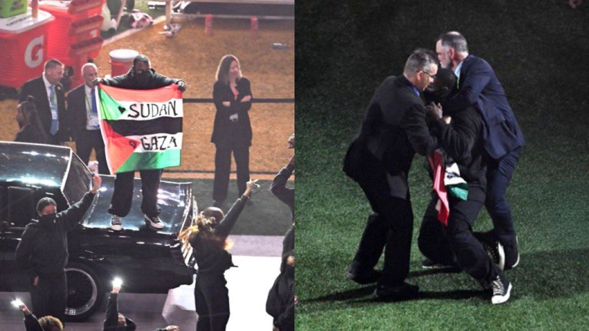 Dançarino exibe bandeira da Palestina e do Sudão durante show de Kendrick Lamar (Foto: Reprodução/Twitter)