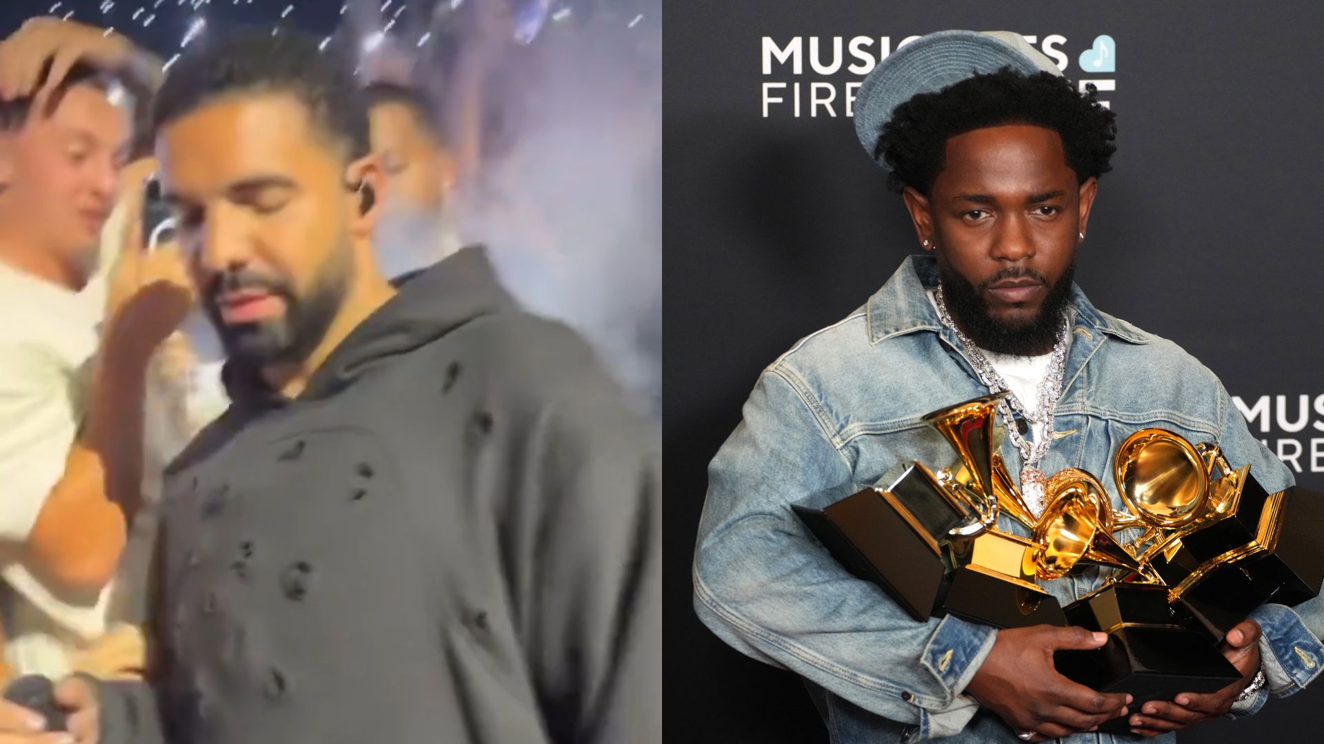 Drake com roupa 'baleada' em sho na Austrália (Foto: Reprodução/Twitter) e Kendrick Lamar (Foto: Jeff Kravitz/FilmMagic)