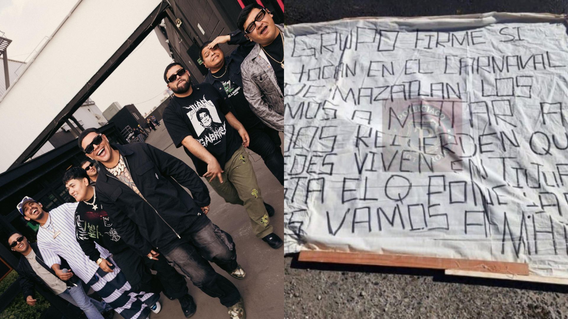 Grupo Firme e banner com ameaça (Fotos: Reprodução)