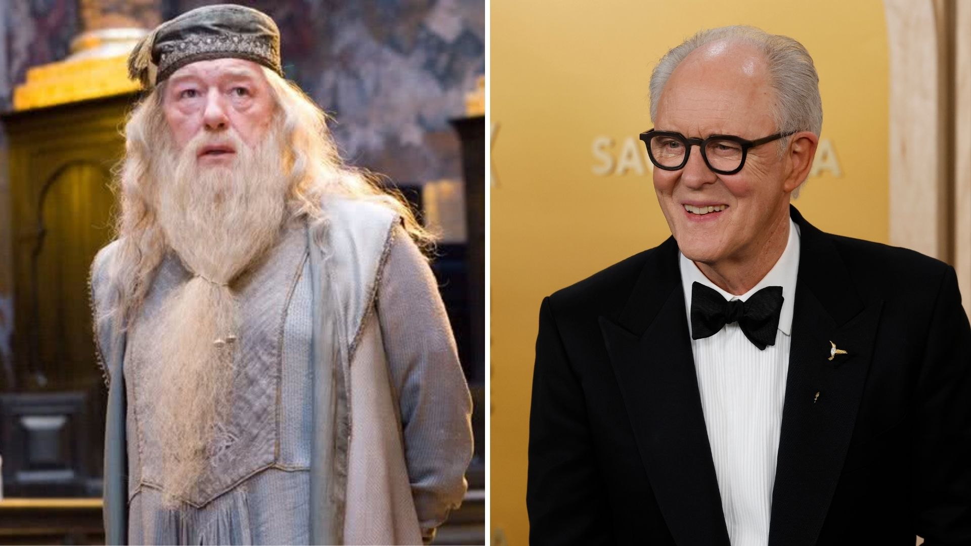 Michael Gambon como Dumbledore nos filmes de Harry Potter e John Lithgow, que interpretará o personagem em nova série (Foto: Reprodução e Frazer Harrison/WireImage)