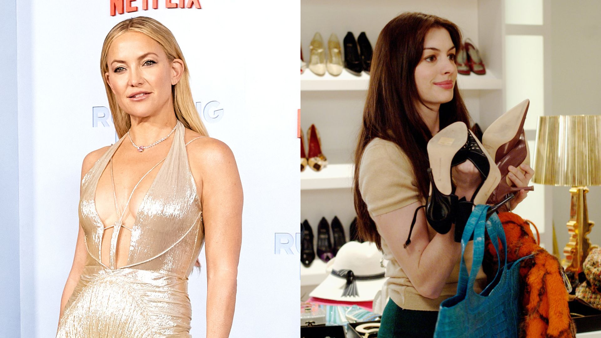 Kate Hudson (Foto: Unique Nicole/FilmMagic) e Anne Hathaway como Andrea Sachs em O Diabo Veste Prada (Foto: Divulgação)