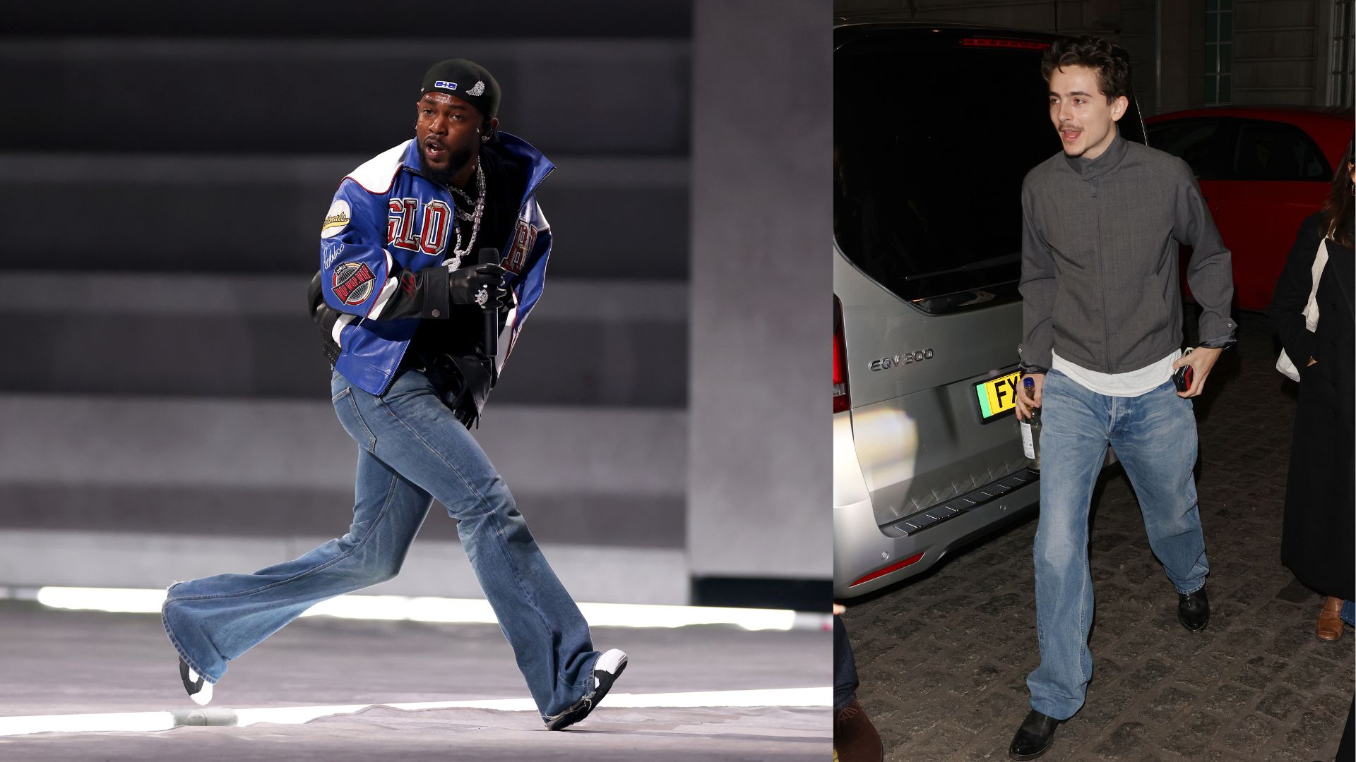 Kendrick Lamar no Super Bowl (Foto: Gregory Shamus/Getty Images) | Timothée Chalamet em dezembro de 2024 (Foto: Neil Mockford/GC Images)