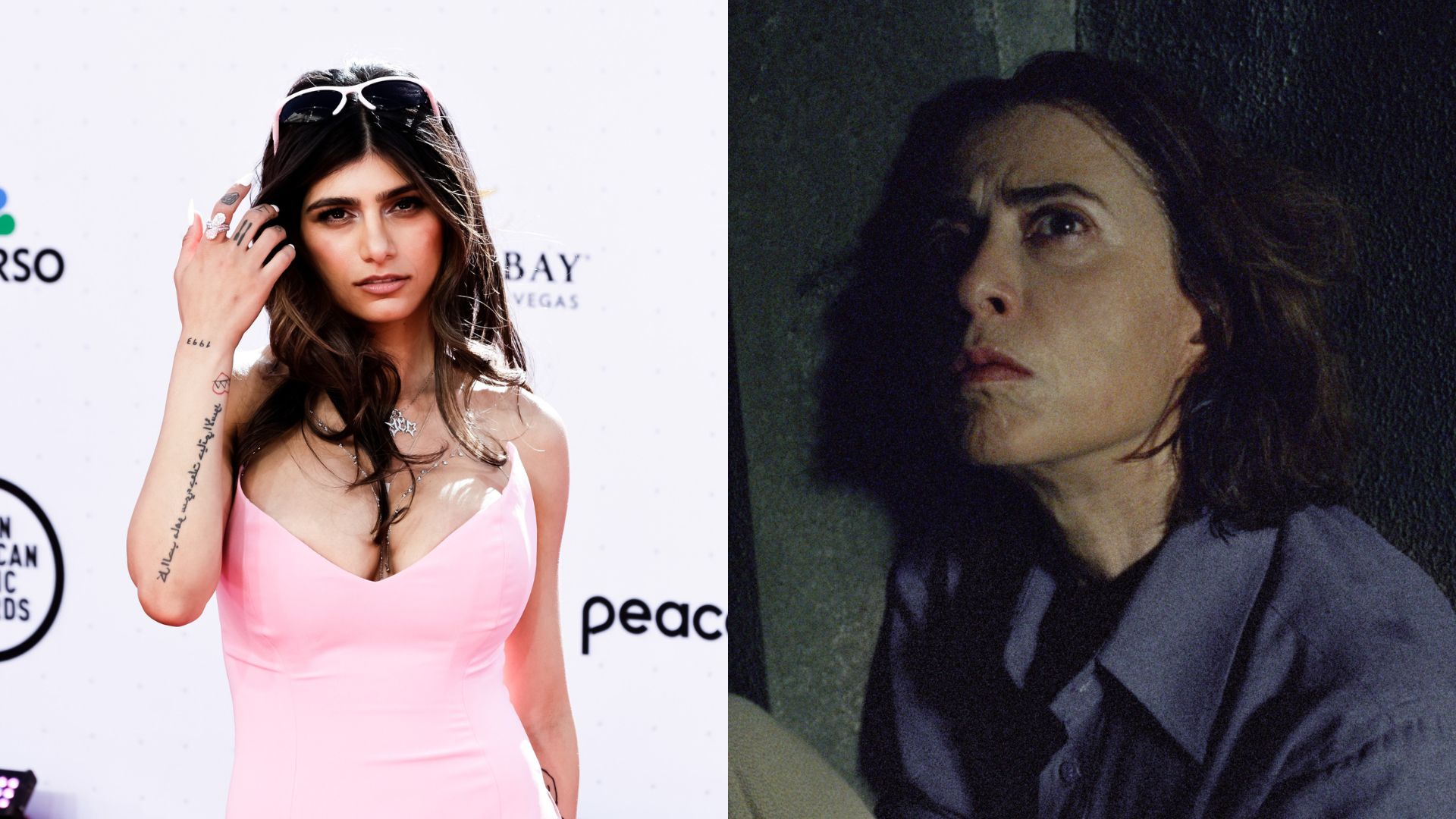 Mia Khalifa (Foto: Greg Doherty/Getty Images) e Fernanda Torres em Ainda Estou Aqui (Foto: Alile Dara Onawale)