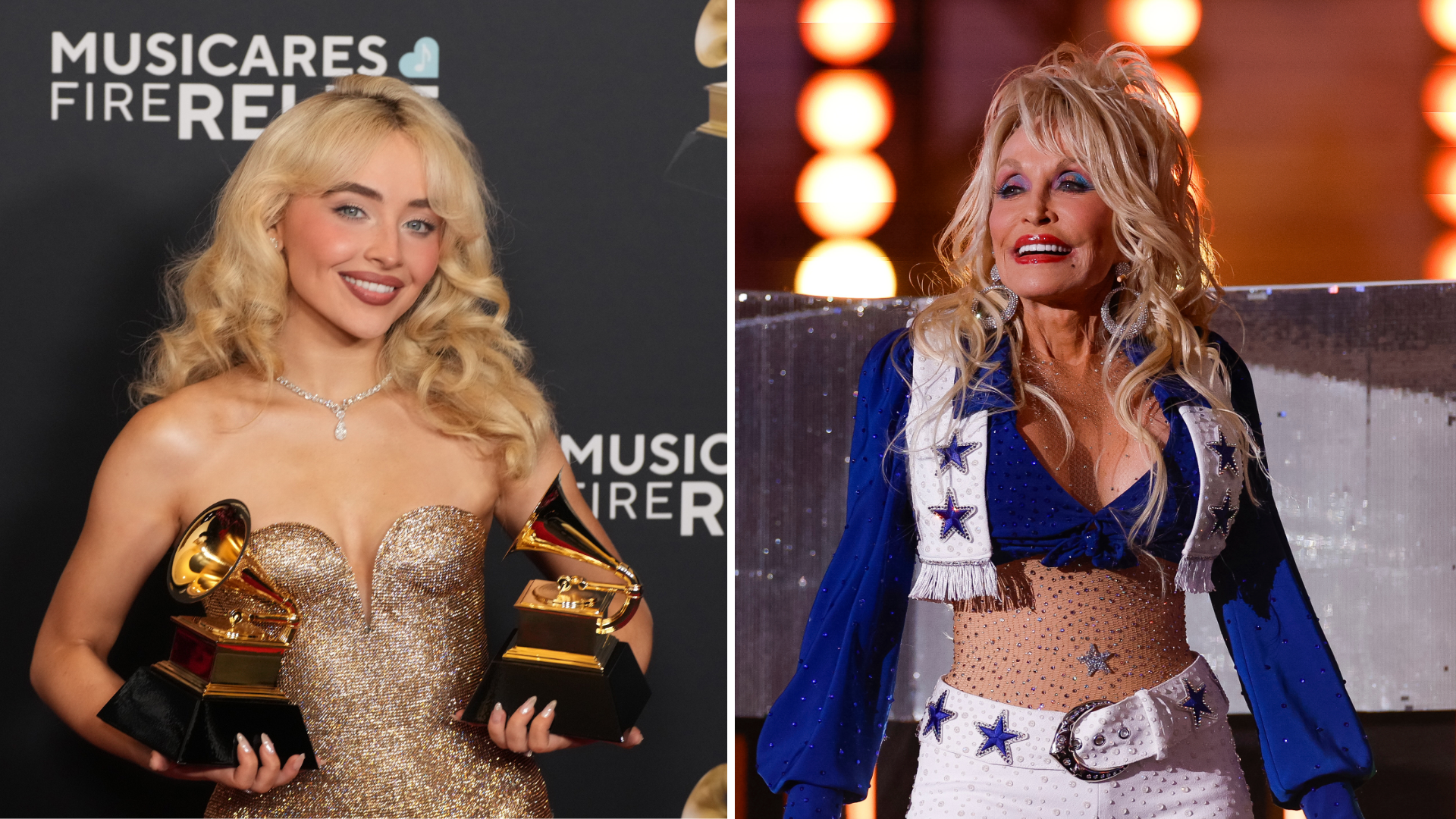 Sabrina Carpenter e Dolly Parton (Foto: Jeff Kravitz/FilmMagic e Brandon Sloter/Getty Images)