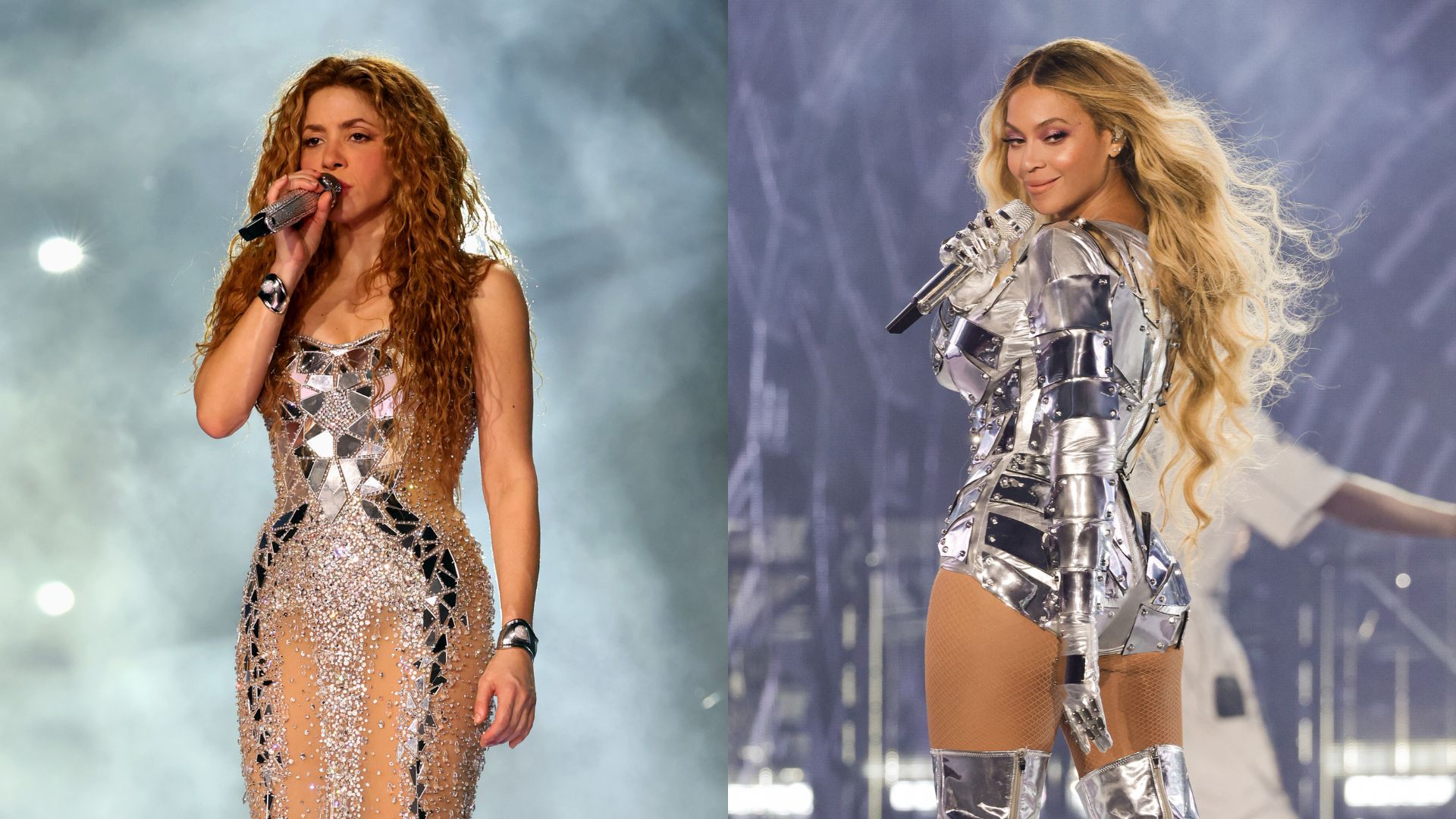 Shakira na turnê 'Las Mujeres Ya No Lloran' (Foto: Kevin Mazur/Getty Images) | Beyoncé na 'Renaissance Tour' (Foto: Kevin Mazur/WireImage)