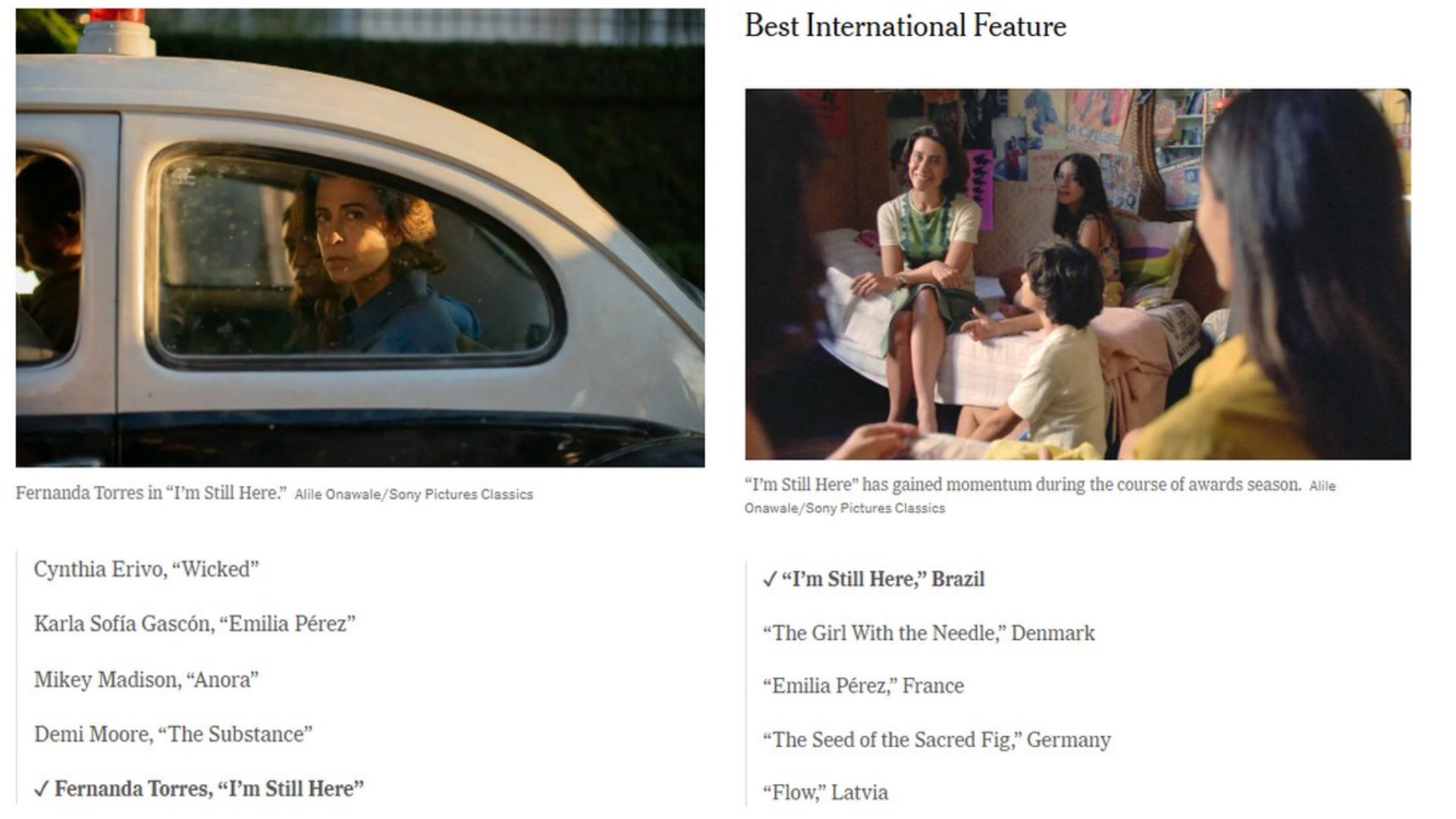 The New York Times prevê vitórias de Ainda Estou Aqui e Fernanda Torres no Oscar (Fotos: Reprodução)
