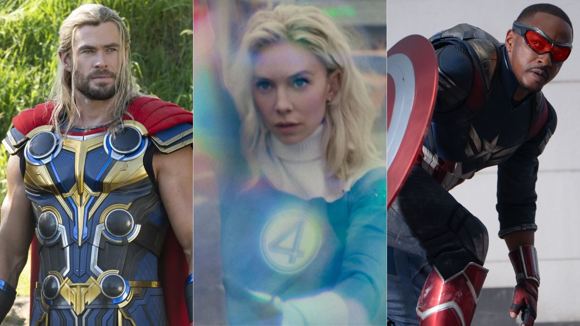 Chris Hemsworth (Thor), Vanessa Kirby (Sue Storm/Mulher Invisível) e Anthony Mackie (Sam Wilson/Capitão América) são confirmados em novo filme dos Vingadores (Foto: Reprodução/Marvel Studios)