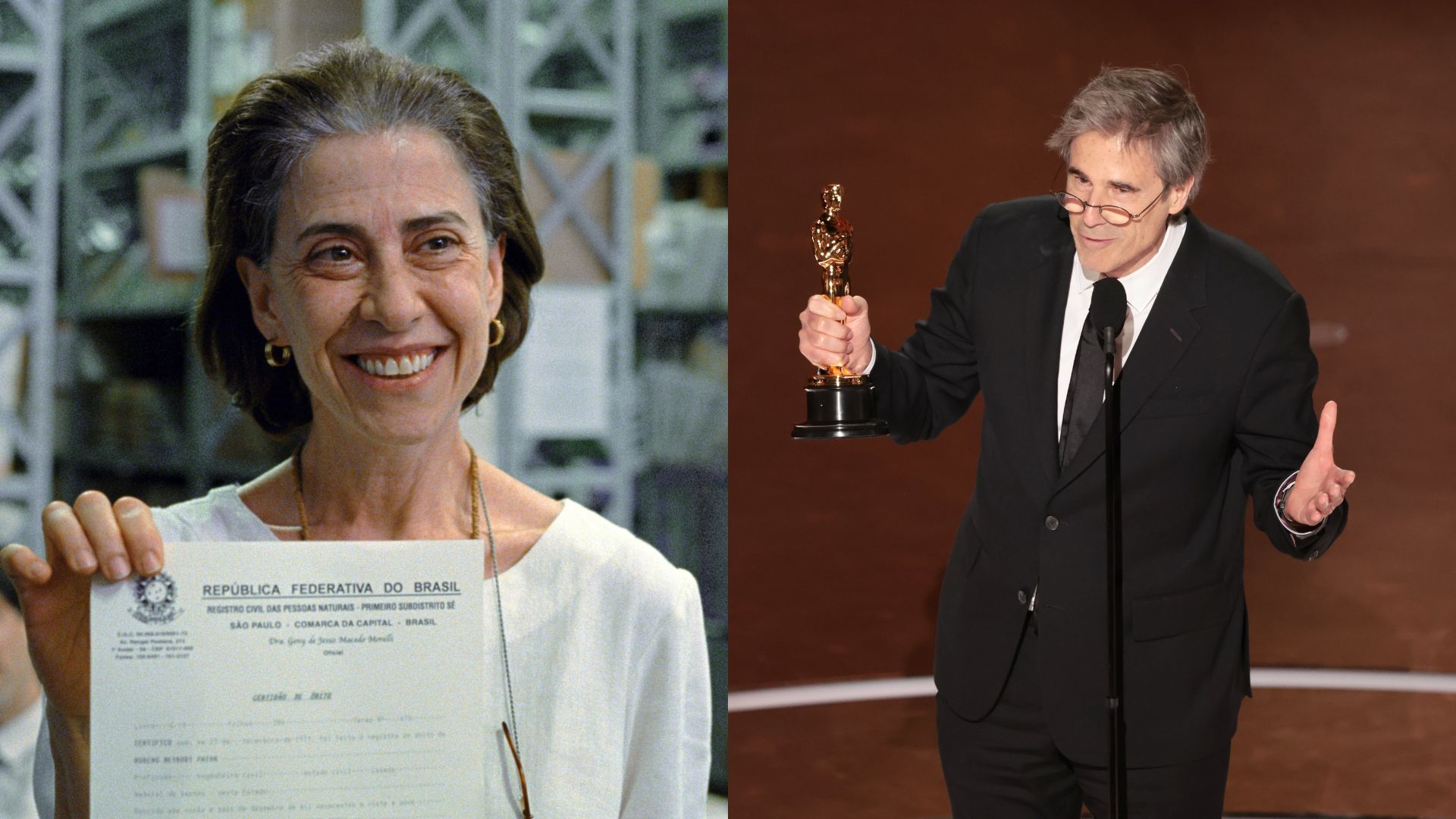 Fernanda Torres como Eunice Paiva em Ainda Estou Aqui (Foto: Divulgação/Sony Pictures Brasil) e Walter Salles com estatueta do Oscar 2025 (Foto: Myung J. Chun / Los Angeles Times via Getty Images)
