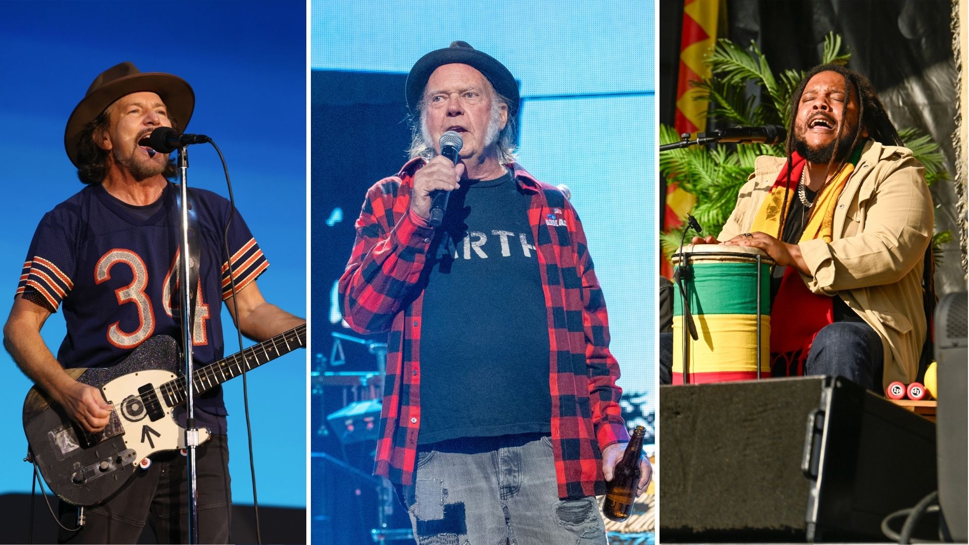 Eddie Vedder, Neil Young e Stephen Marley (Foto: Getty Images)