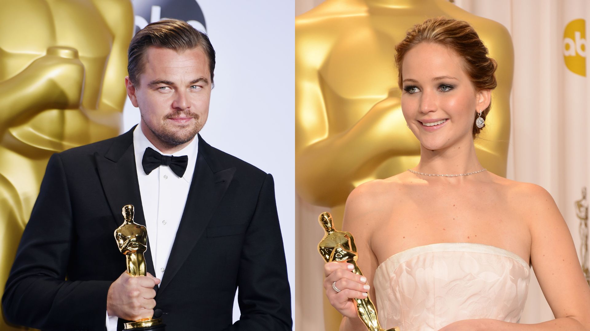 Leonardo DiCaprio no Oscar em 2016 (Foto: Jeff Kravitz/FilmMagic) | Jennifer Lawrence no Oscar em 2013 (Foto: Jason Merritt/Getty Images)