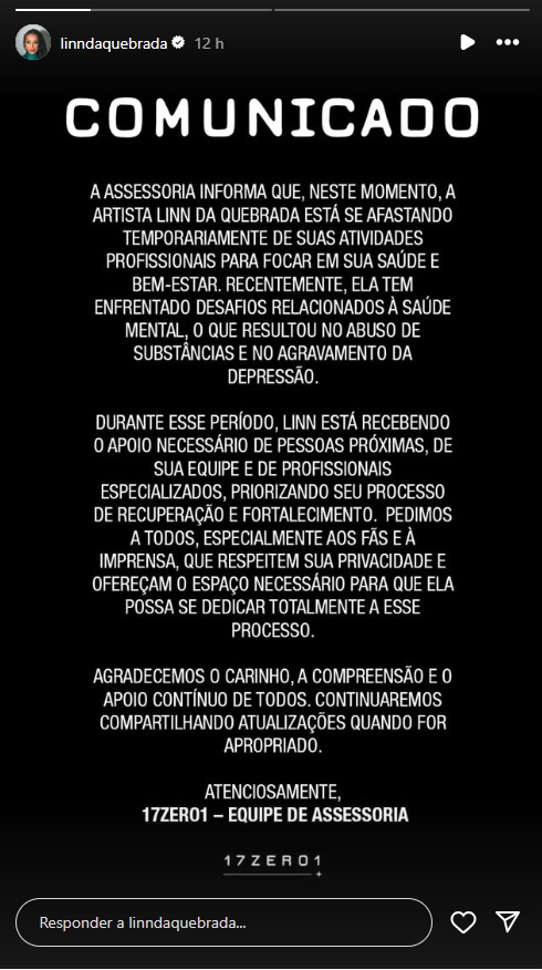 Comunicado da assessoria de Linn da Quebrada