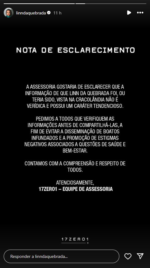 Comunicado da assessoria de Linn da Quebrada