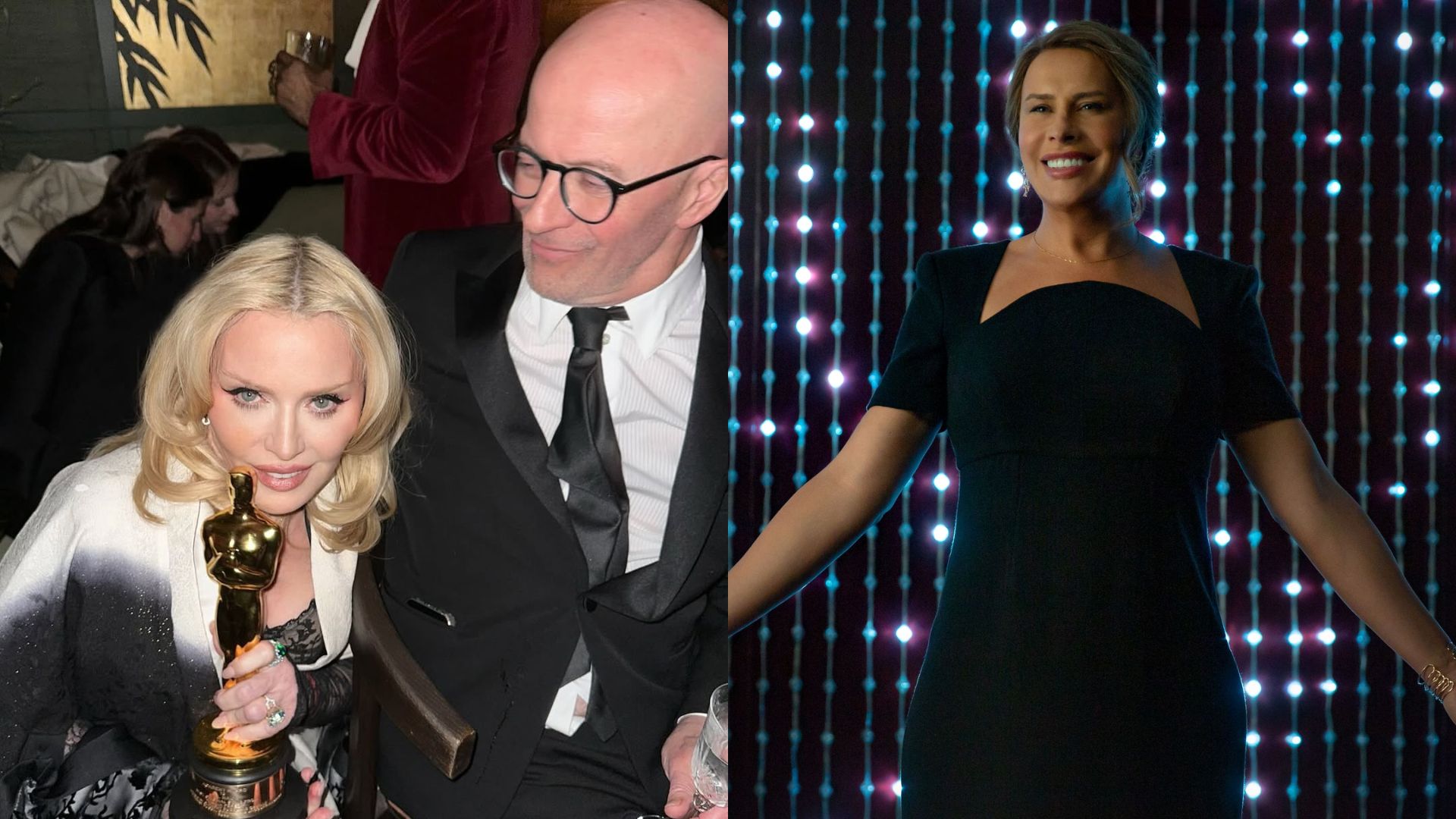 Madonna com o diretor Jacques Audiard (Foto: Reprodução/Instagram) e Karla Sofía Gascón como Emilia Pérez (Foto: Divulgação)