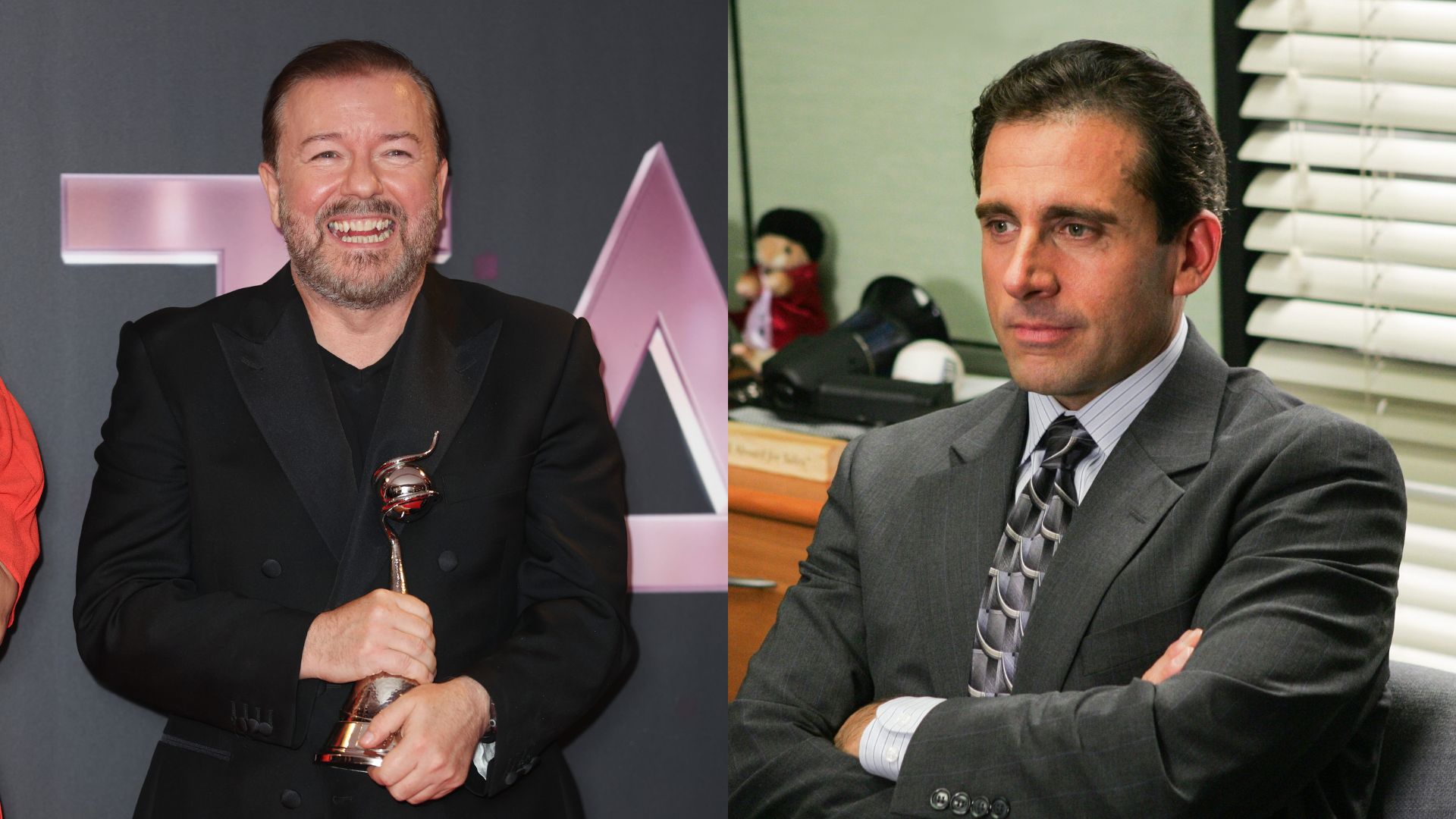 Ricky Gervais (Foto: Mike Marsland/WireImage) e Steve Carell como Michael Scott em The Office (Foto: Divulgação)