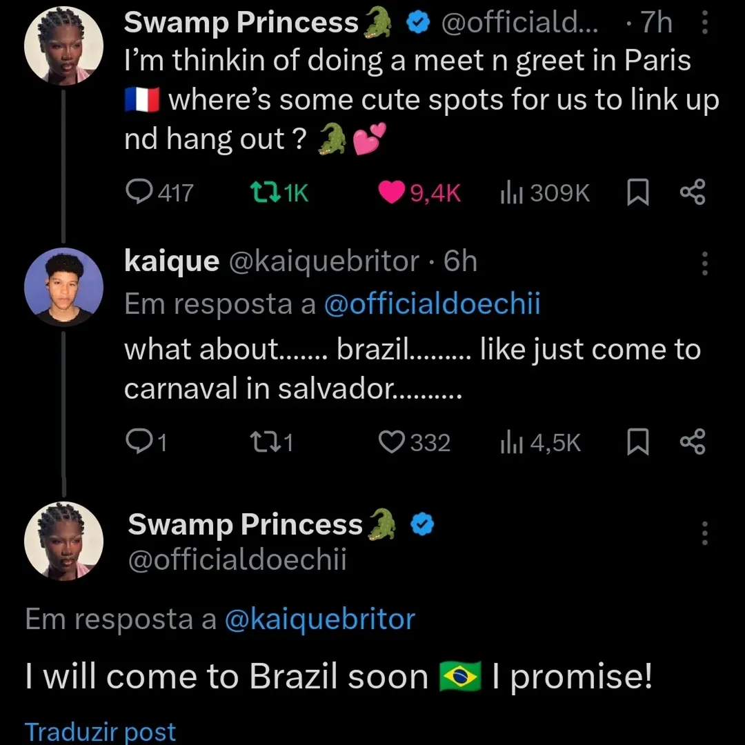 Doechii respondendo fã brasileiro sobre vinda ao Brasil - Reprodução/X