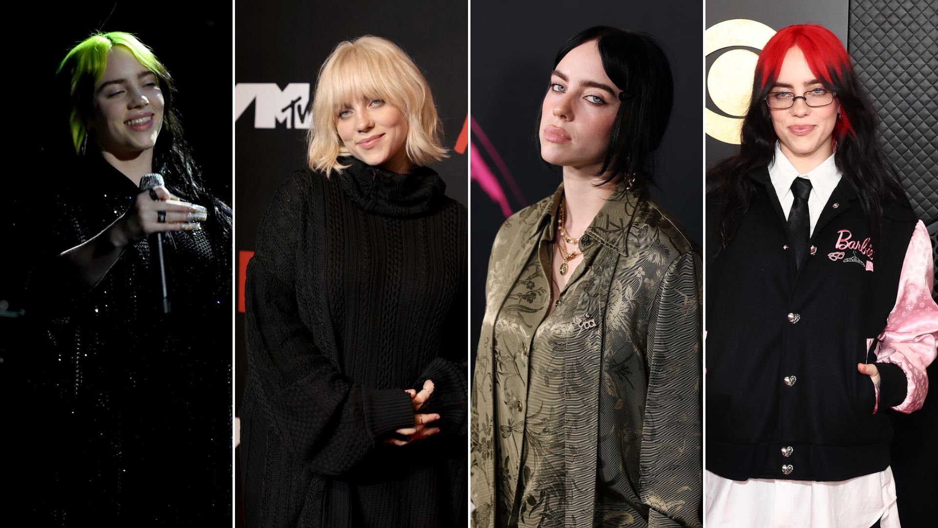 Diferentes cores de cabelos que Billie Eilish teve entre 2021 e 2024
